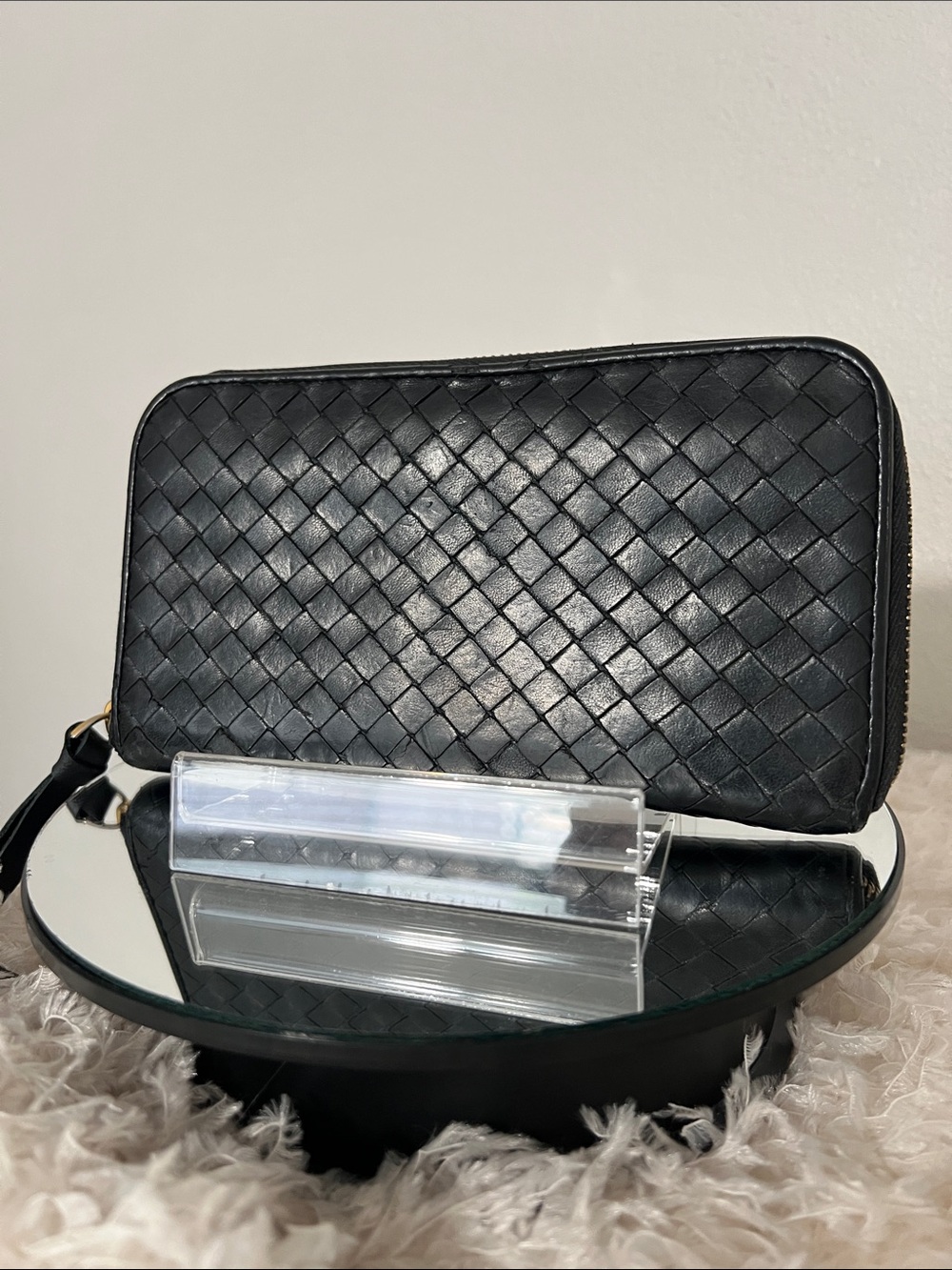 Bottega Veneta Black Woven Leather Zip-Around Wallet